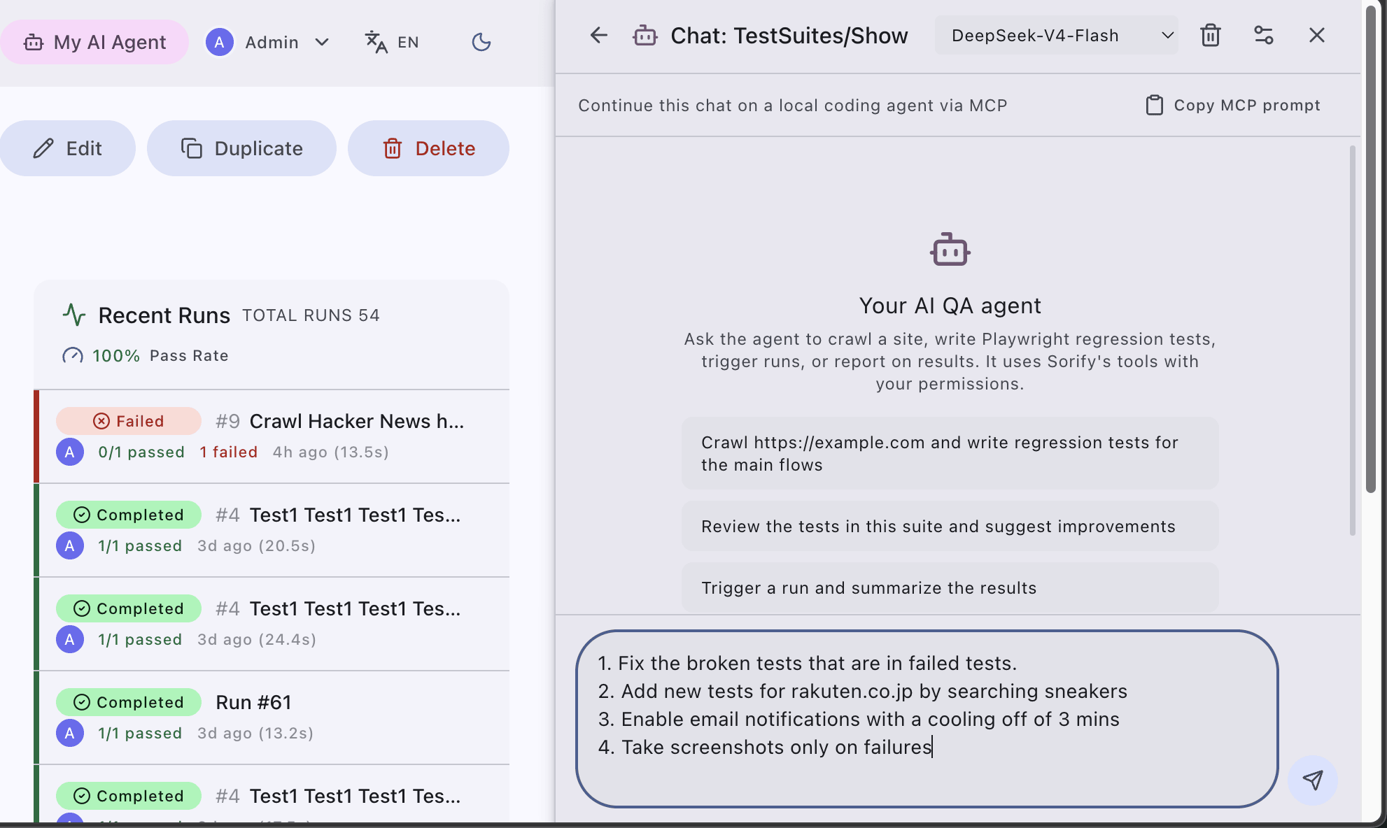 AI agent chat inside the Sorify dashboard