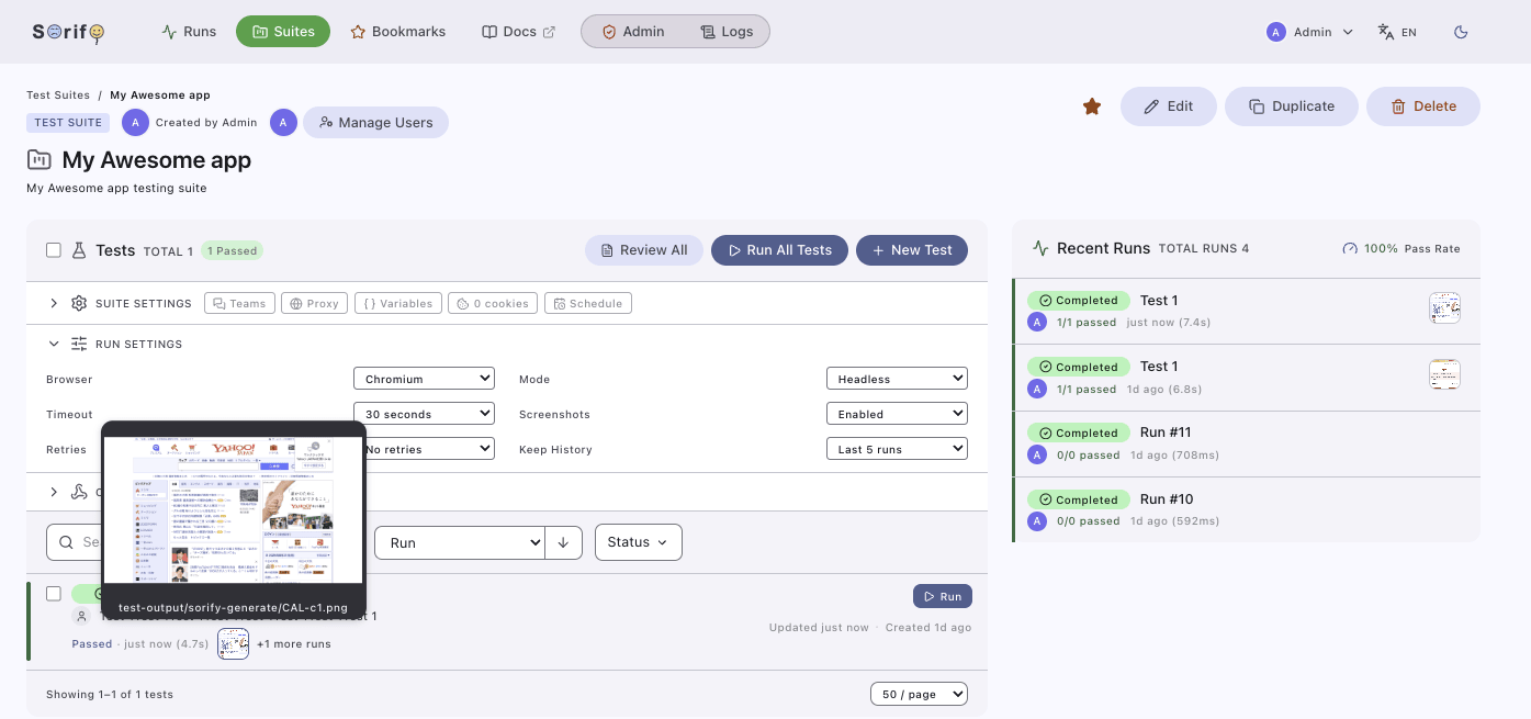 Sorify dashboard showing test suites, test cases, and run results