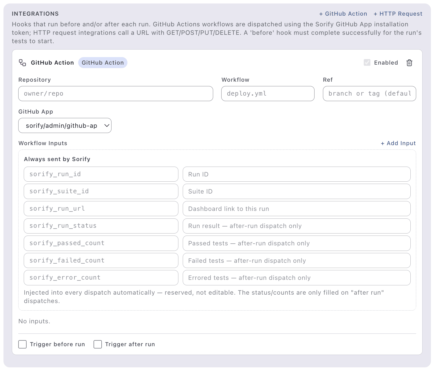 GitHub integration settings for dispatching workflows