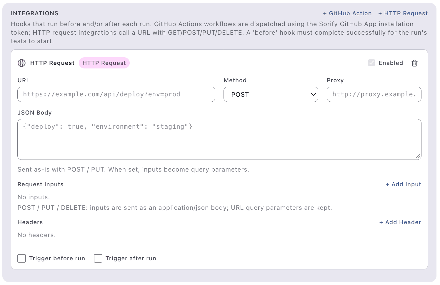 HTTP integration settings for pre and post run hooks