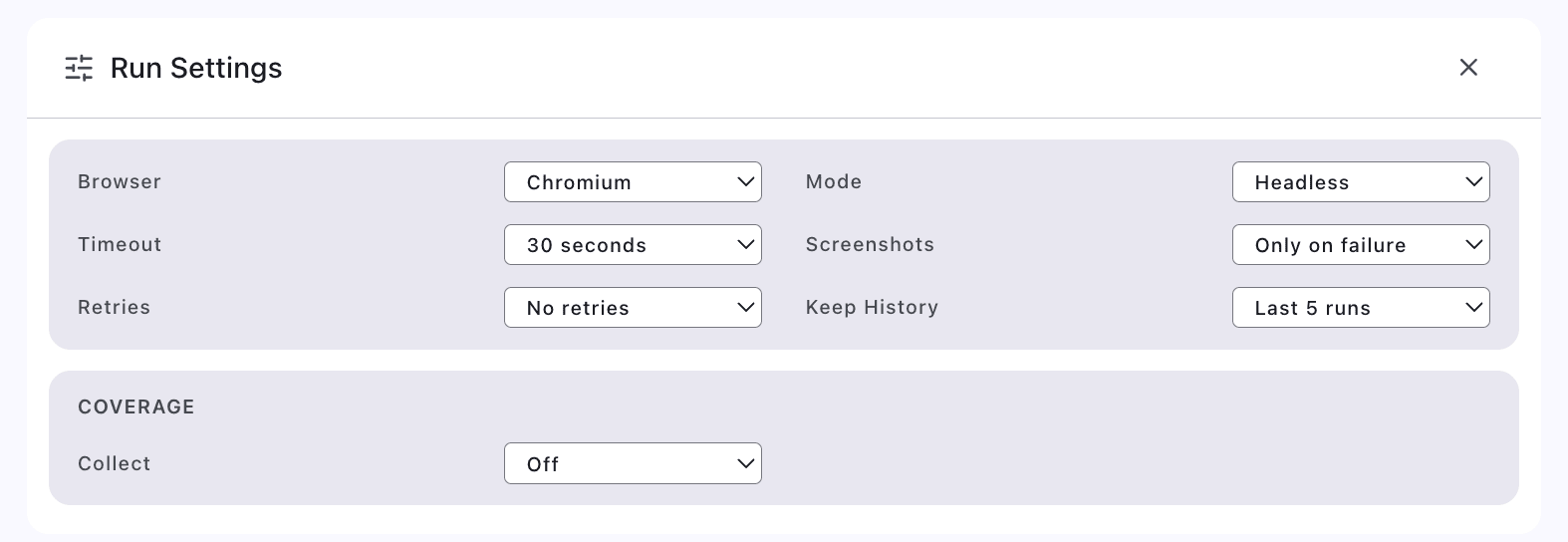 Run settings with webhook URL, token and run options