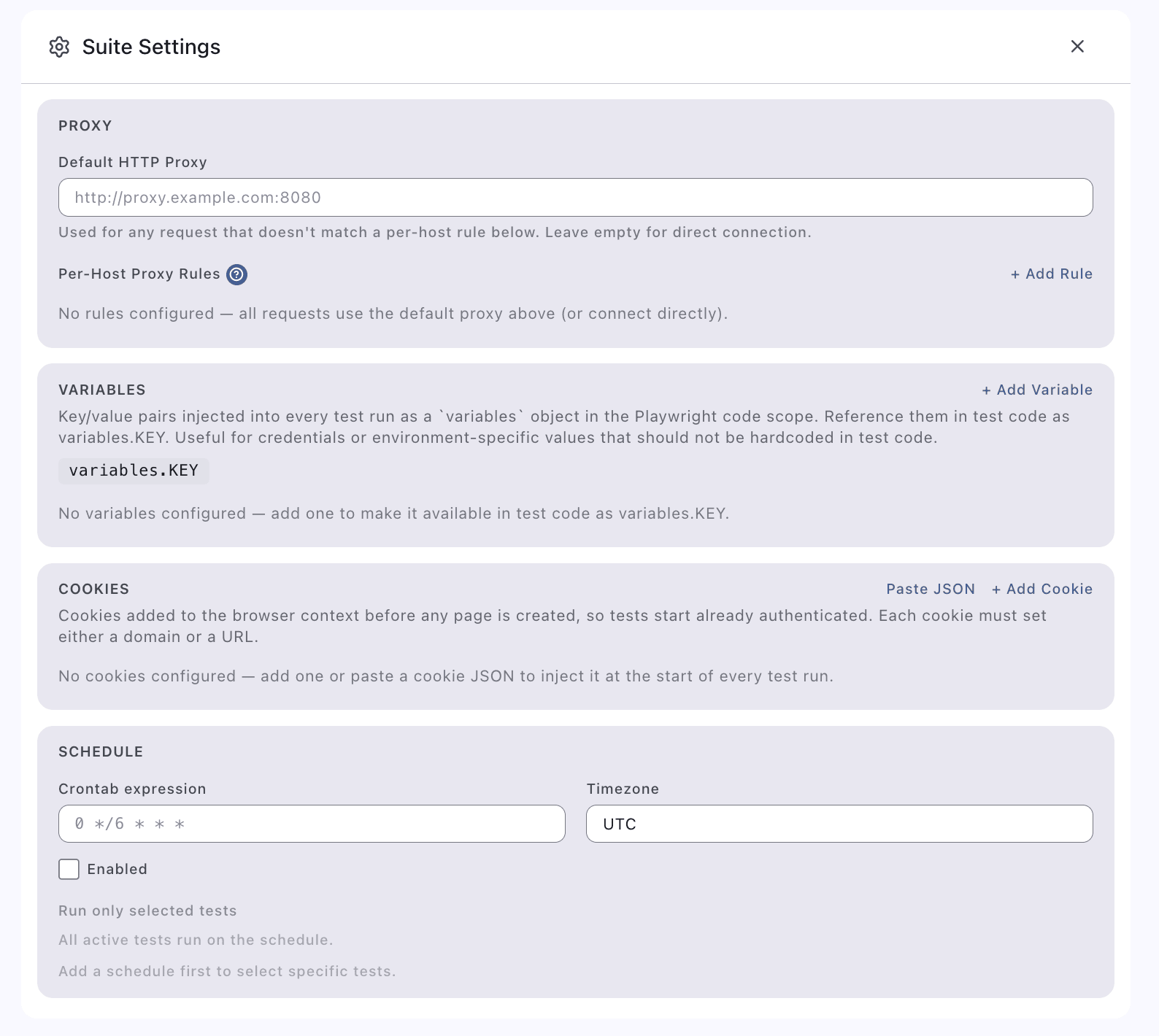 Suite settings page with webhooks and integrations
